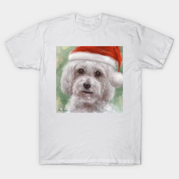 Painting of a Cute Poodle Maltese Mix with Red Santa Hat T-Shirt by ibadishi